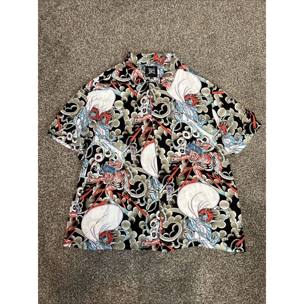 Ed Hardy Men's Short Sleeve Fujin Raijin Wind and Thunder Button Up Shirt 2xL